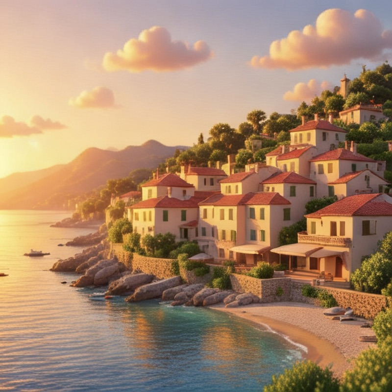 A coastal village above a turquoise bay at sunset.